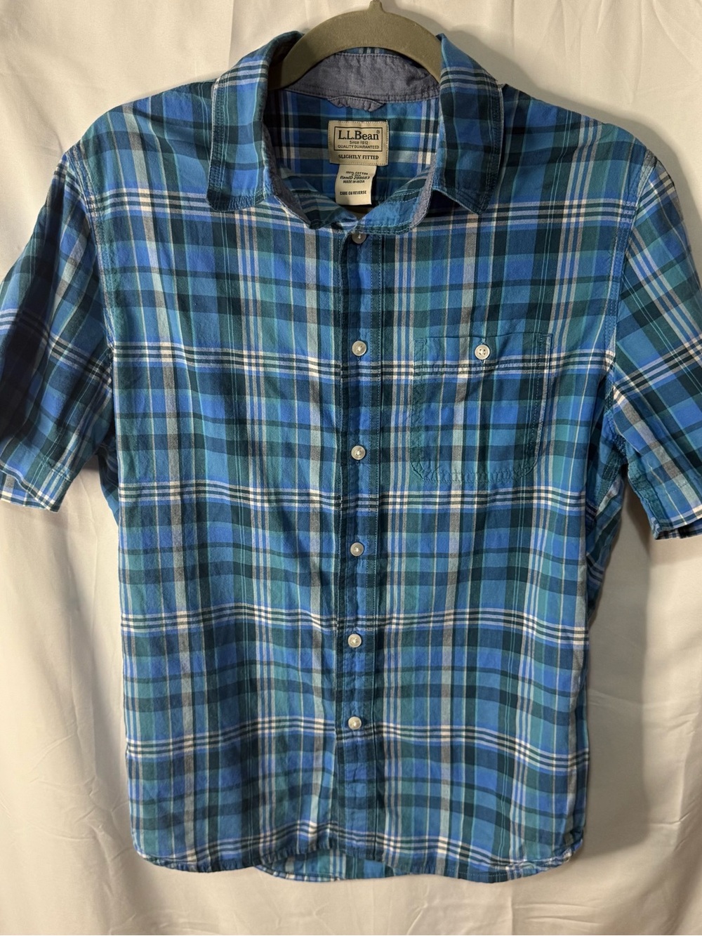 L.L. Bean Blue and Teal Plaid Short-Sleeve Button-Down Shirt